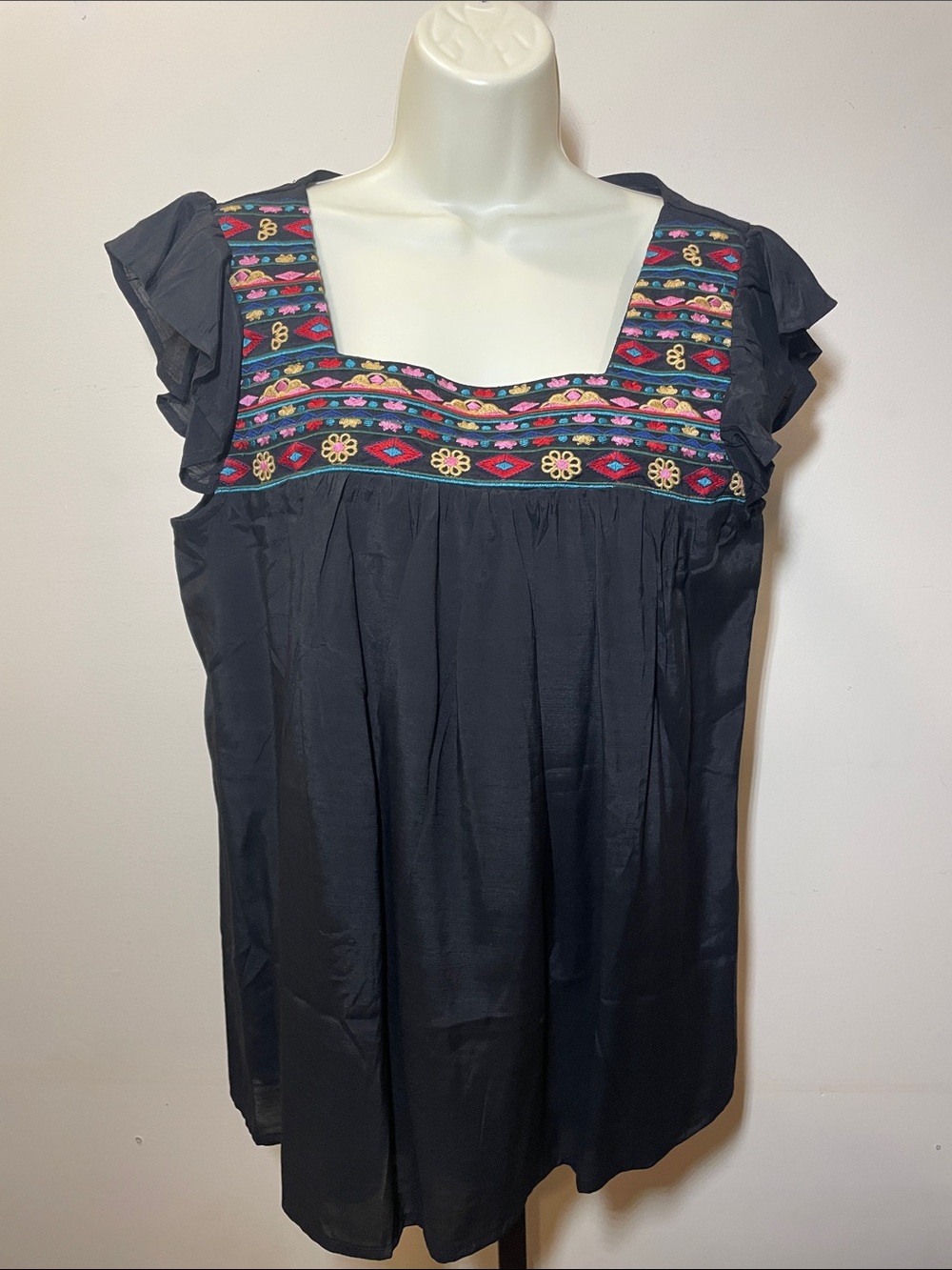 Dorose Black Top with Multicolor Embroidered Square Yoke